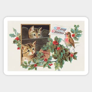 Cute Christmas Kitten Cats Vintage Greeting Card Sticker